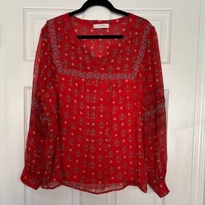 Lucky Brand Red Paisley Sheer Long-Sleeve Blouse